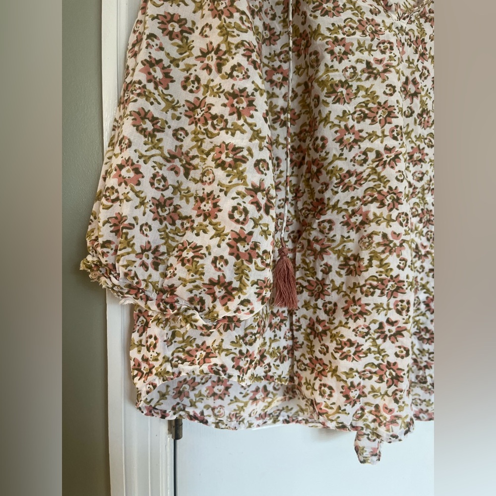 Voloshin Boho Floral 100% Cotton Tassel Peasant Poplin Blouse Top Size L b1 - Picture 2 of 6